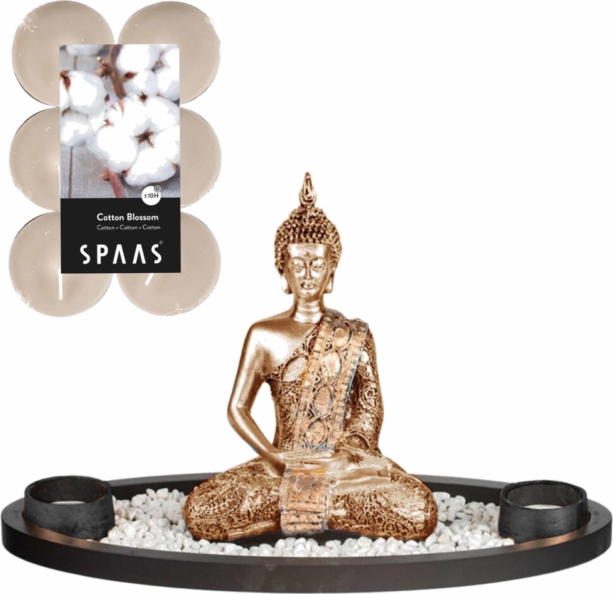 Boeddha Beeld Voor Binnen 33 Cm Met 12x Geurkaarsen Cotton Blossom - Buddha Beeldje Met Theelichtjes/waxinelichtjes - Silver
