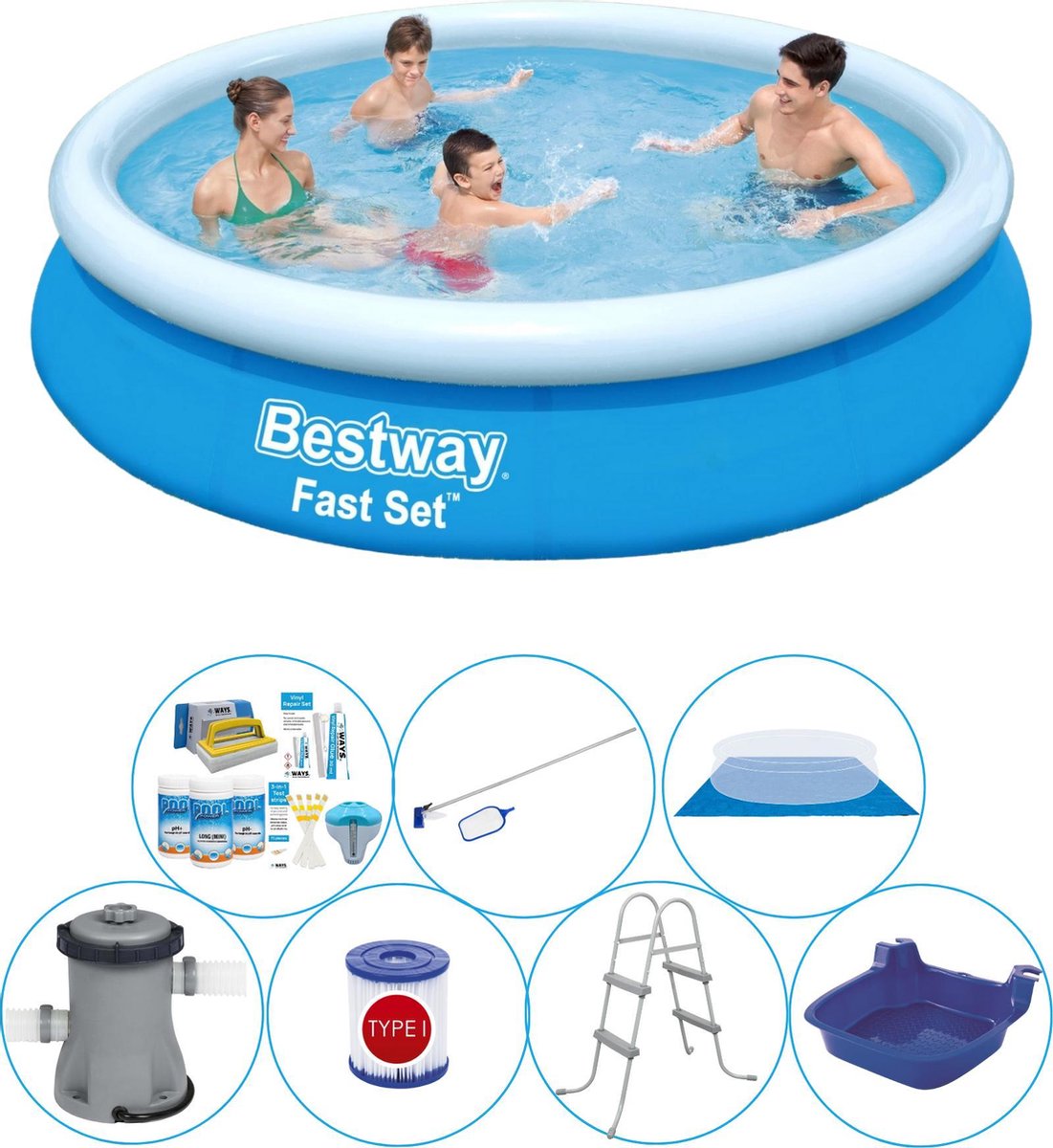 Bestway Fast Set Rond 366x76 Cm - 8-delig - Zwembad Inclusief Accessoires - Blauw