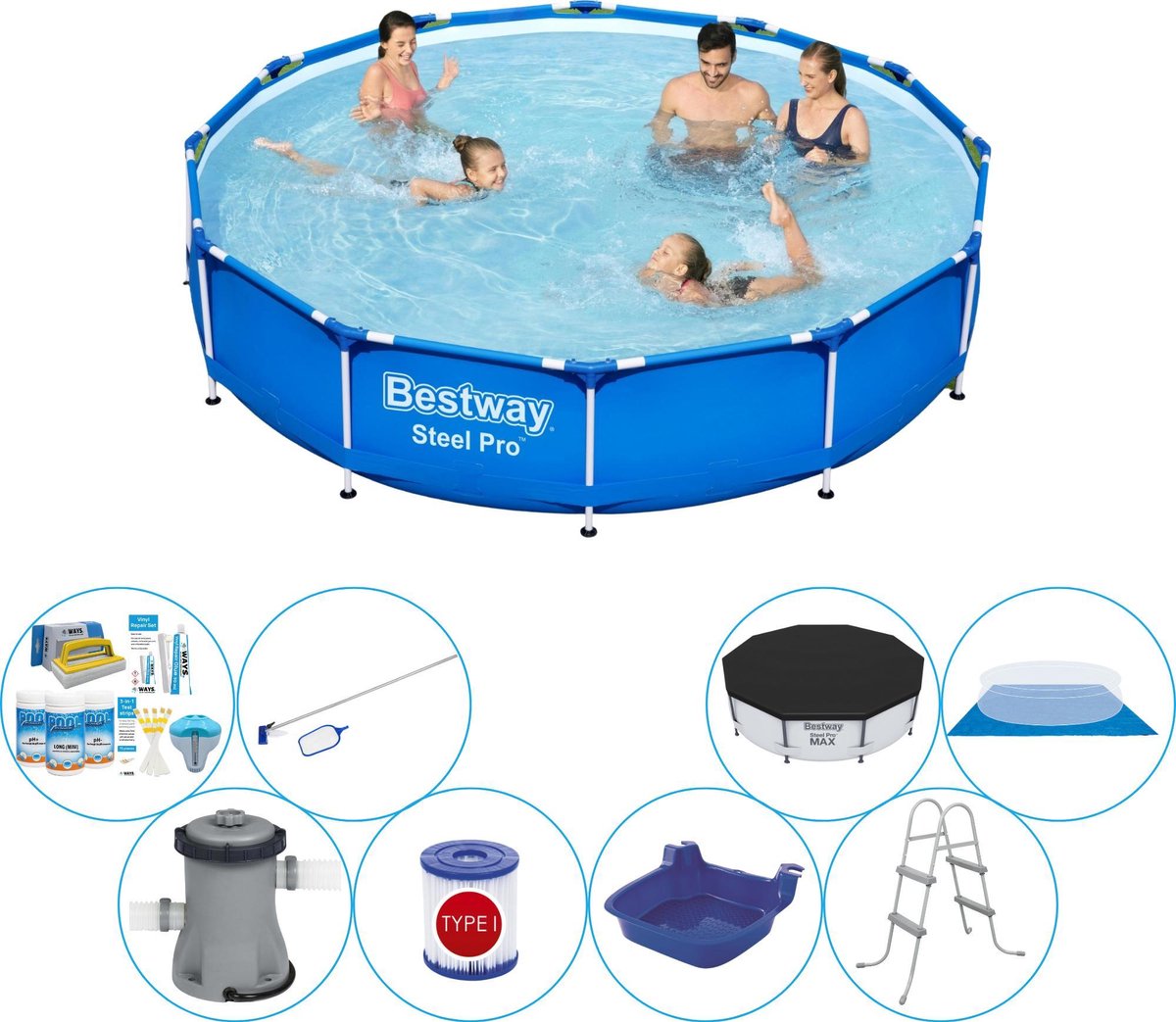 Bestway Steel Pro Rond 366x76 Cm - Zwembad Inclusief Accessoires - Blauw