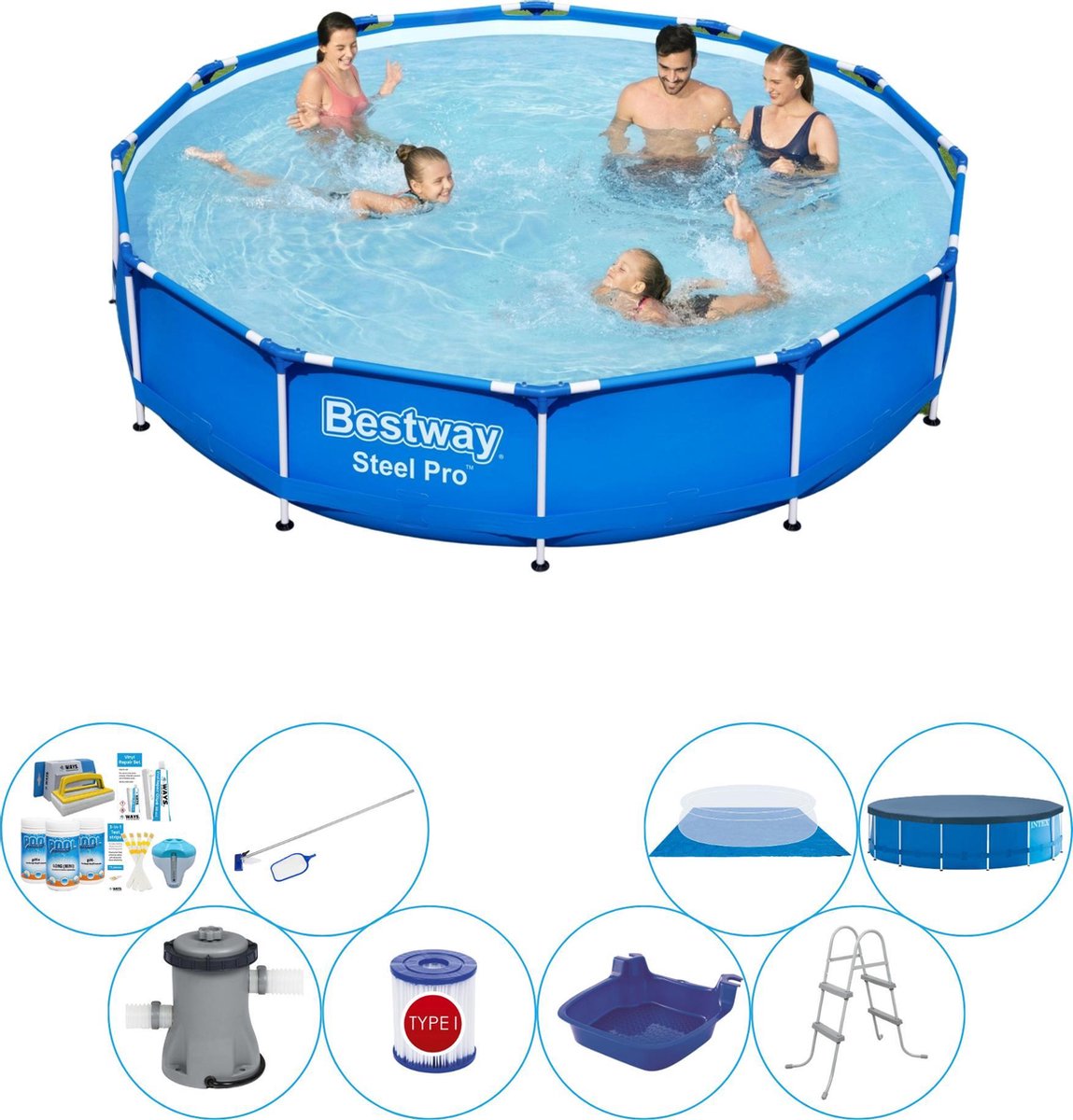 Bestway Zwembad Inclusief Accessoires - Steel Pro Rond 366x76 Cm - Blauw