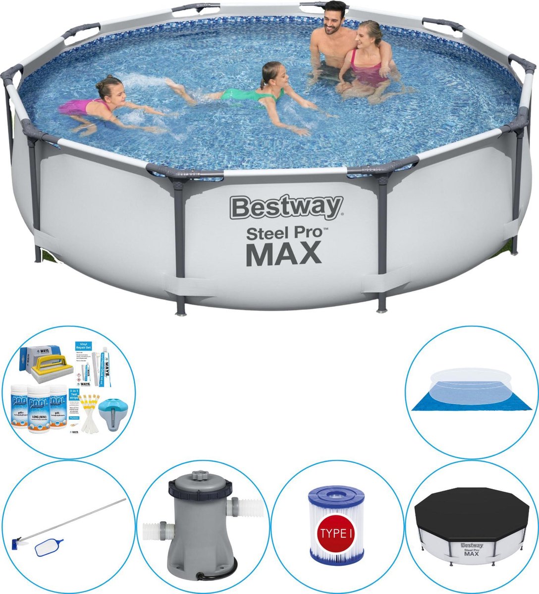 Bestway Zwembad Pakket - Steel Pro Max Rond 305x76 Cm - Grijs