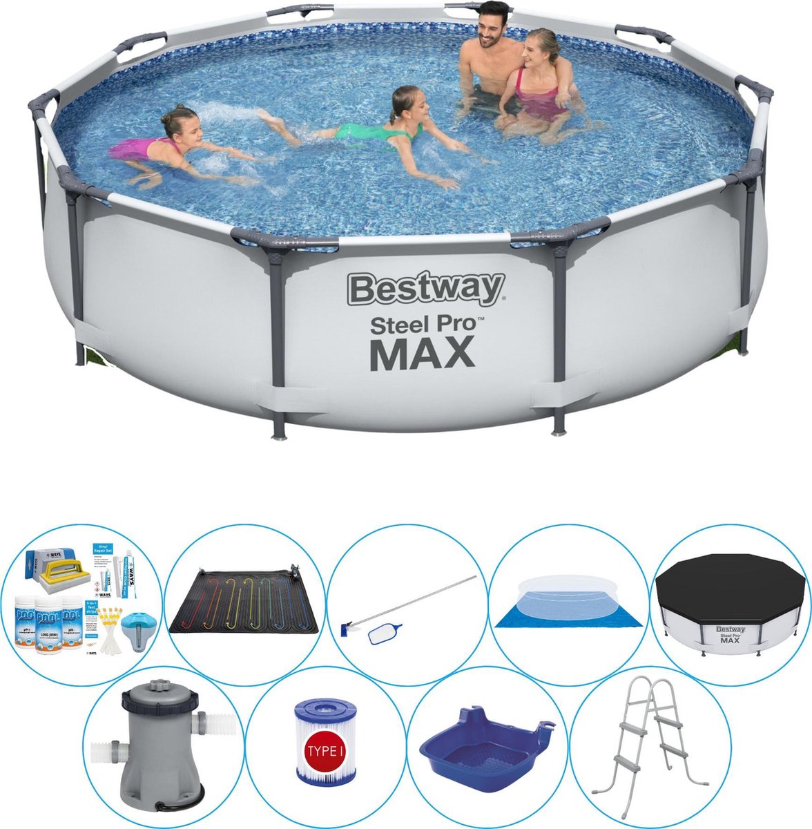 Bestway Slimme Zwembad Deal - Steel Pro Max Rond 305x76 Cm - Grijs