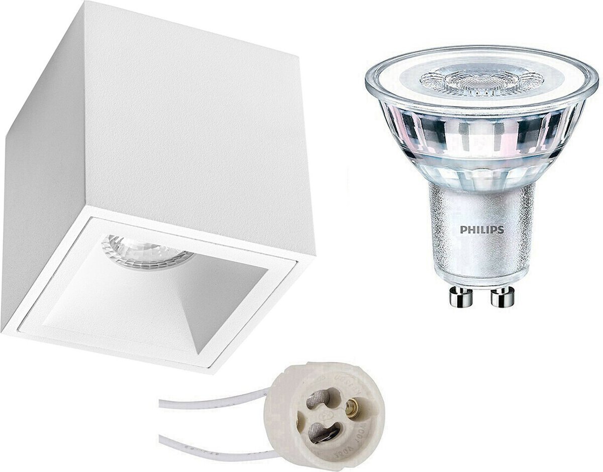 BES LED Opbouwspot Set - Pragmi Cliron Pro - Gu10 Fitting - Opbouw Vierkant - Mat - Verdiept - 90mm - Philips - Corepro 840 - Wit