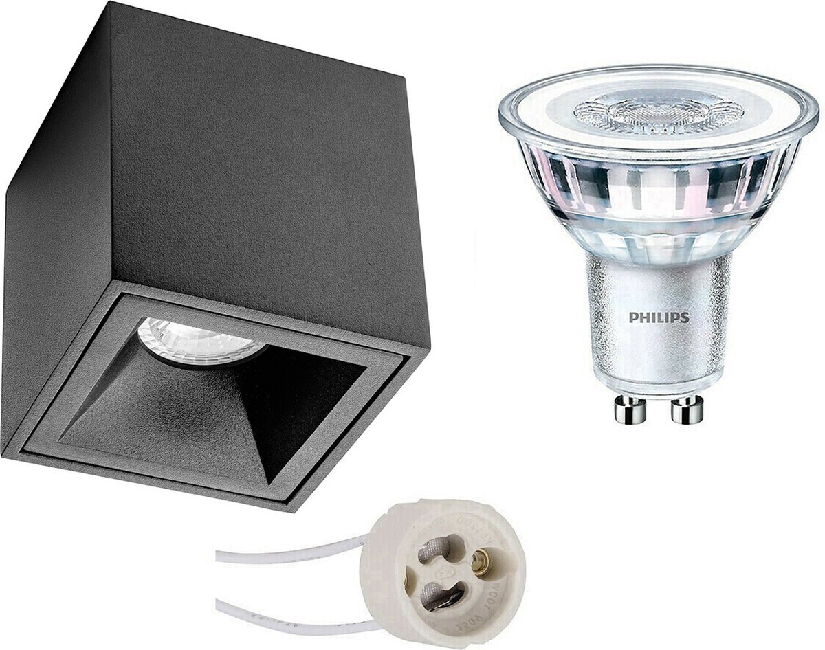 BES LED Opbouwspot Set - Pragmi Cliron Pro - Gu10 Fitting - Opbouw Vierkant - Mat - Verdiept - 90mm - Philips - Corepro - Zwart