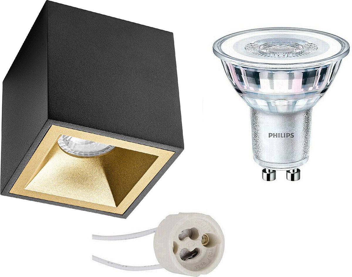 BES LED Opbouwspot Set - Pragmi Cliron Pro - Gu10 Fitting - Opbouw Vierkant - Mat/goud - Verdiept - 90mm - Philips - - Zwart