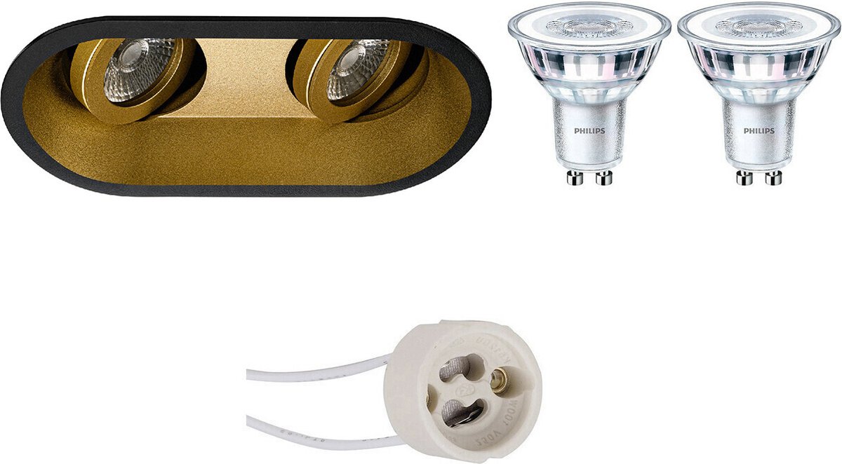 BES LED Led Spot Set - Pragmi Zano Pro - Gu10 Fitting - Inbouw Ovaal Dubbel - Mat/goud - Kantelbaar - 185x93mm - Philips - - Zwart