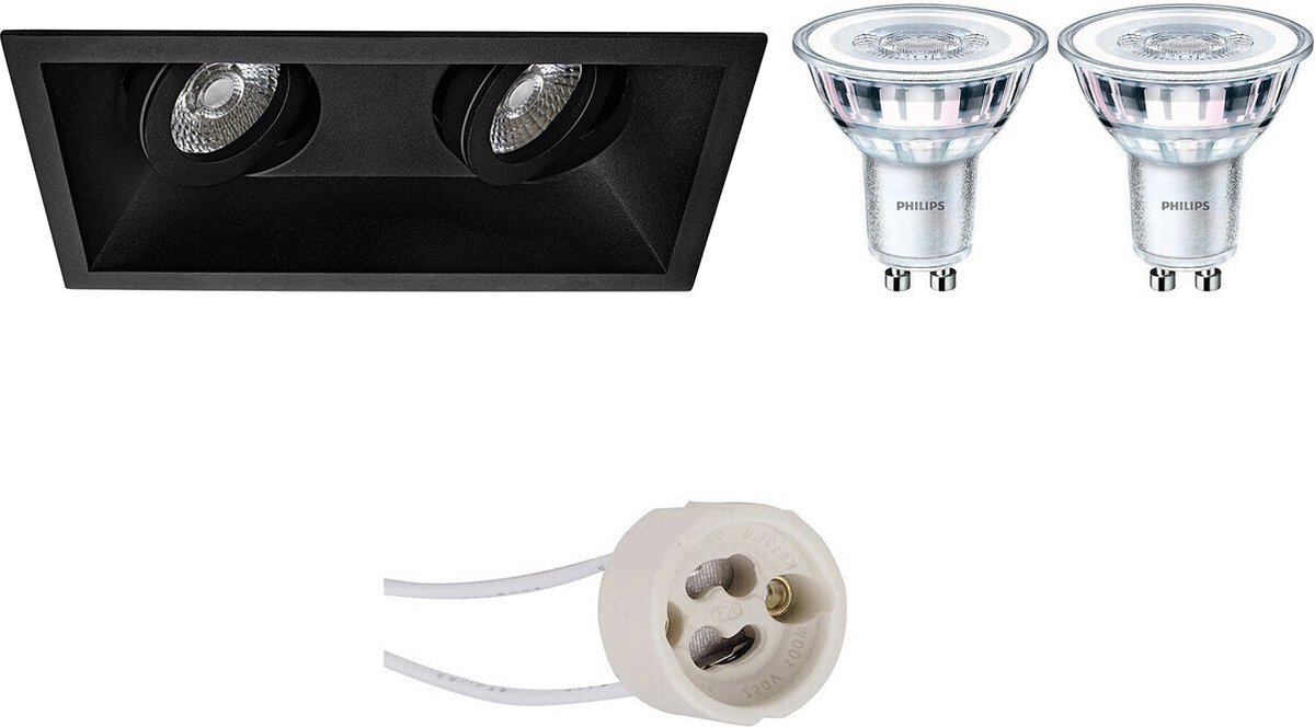 BES LED Led Spot Set - Pragmi Zano Pro - Gu10 Fitting - Inbouw Rechthoek Dubbel - Mat - Kantelbaar - 185x93mm - Philips - - Zwart