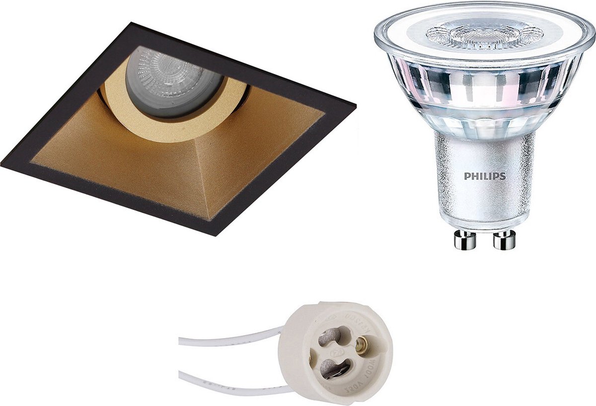 BES LED Led Spot Set - Pragmi Zano Pro - Gu10 Fitting - Inbouw Vierkant - Mat/goud - Kantelbaar - 93mm - Philips - Corepro - Zwart