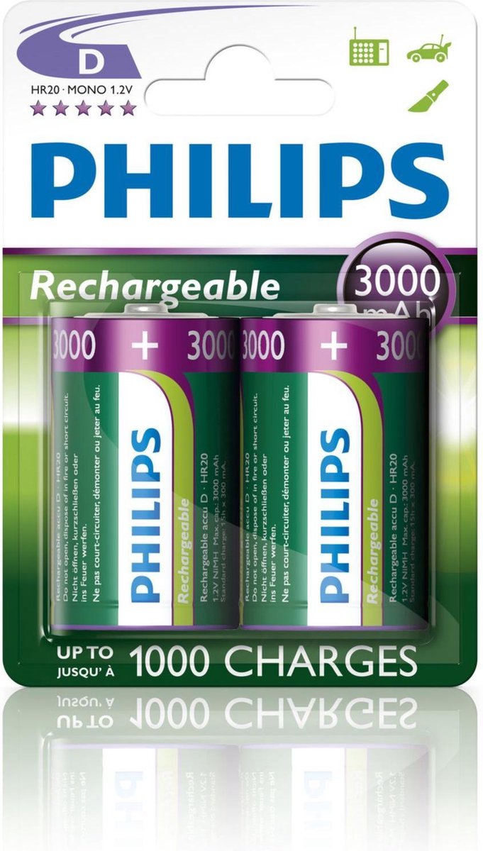 Philips Rechargeable Nimh D/hr20 3000mah Blister 2