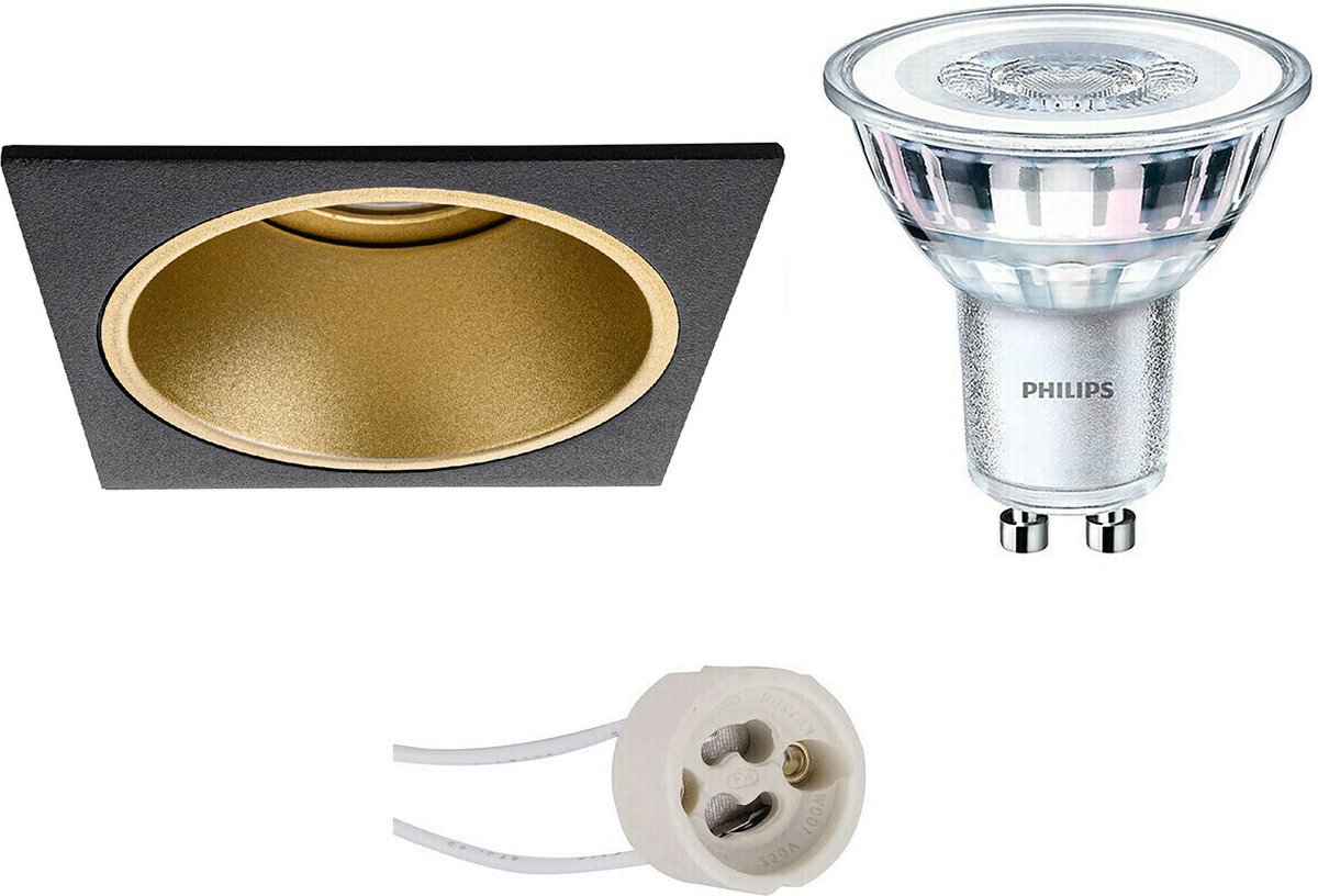 BES LED Led Spot Set - Pragmi Minko Pro - Gu10 Fitting - Inbouw Vierkant - Mat/goud - Verdiept - 90mm - Philips - Corepro - Zwart