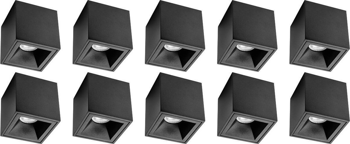 BES LED Opbouwspot 10 Pack - Pragmi Cliron Pro - Gu10 Fitting - Opbouw Vierkant - Mat - Aluminium - Verdiept - Ø90mm - Zwart