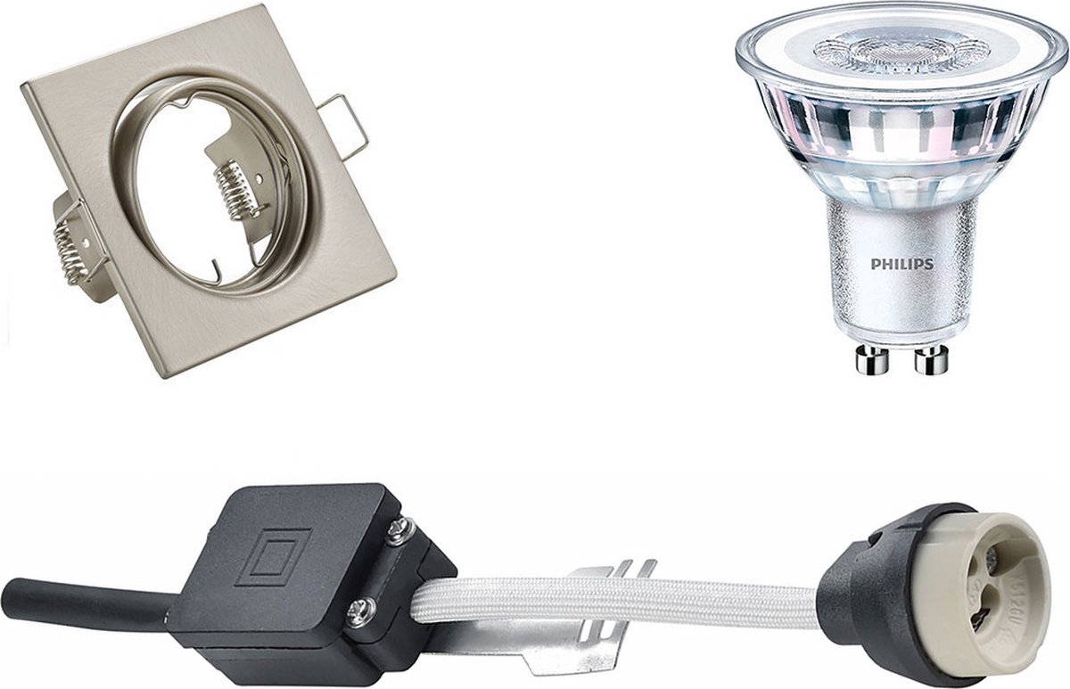 BES LED Led Spot Set - Gu10 Fitting - Inbouw Vierkant - Mat Nikkel - Kantelbaar 80mm - Philips - Corepro 840 36d - 3.5w -