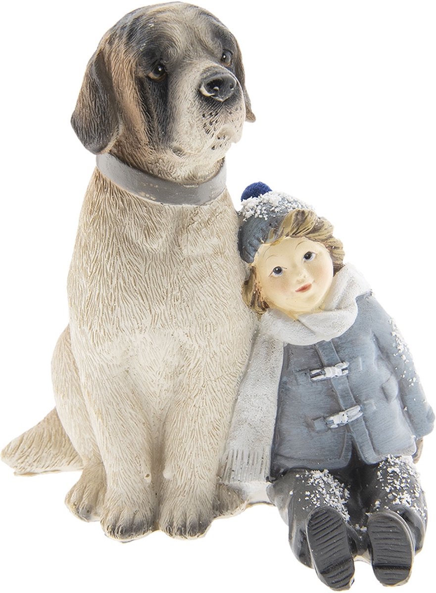 Clayre & Eef Decoratie Kind Met Hond 13*11*15 Cm Meerkleurig Kunststof Kind 6pr2409