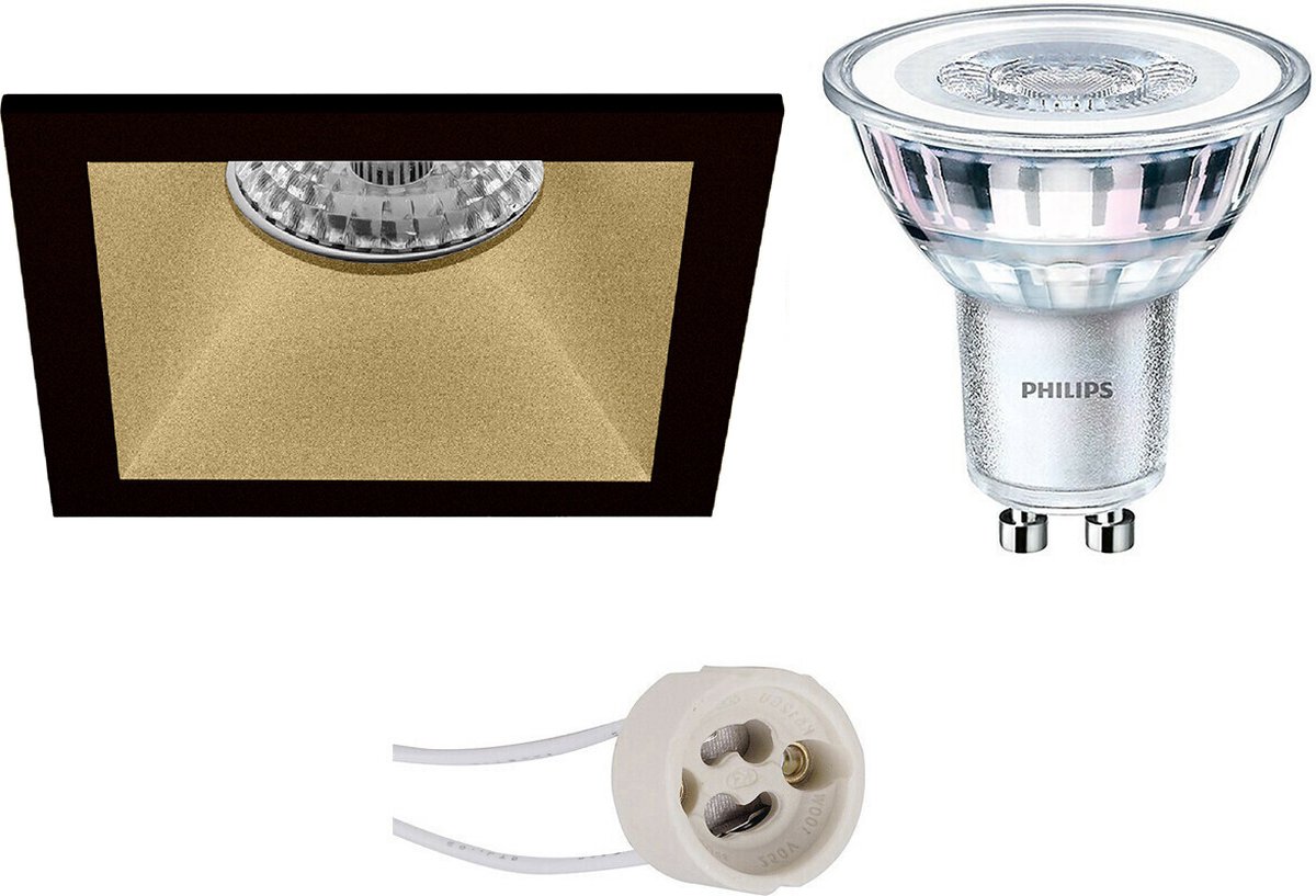 BES LED Led Spot Set - Pragmi Pollon Pro - Gu10 Fitting - Inbouw Vierkant - Mat/goud - Verdiept - 82mm - Philips - Corepro - Zwart