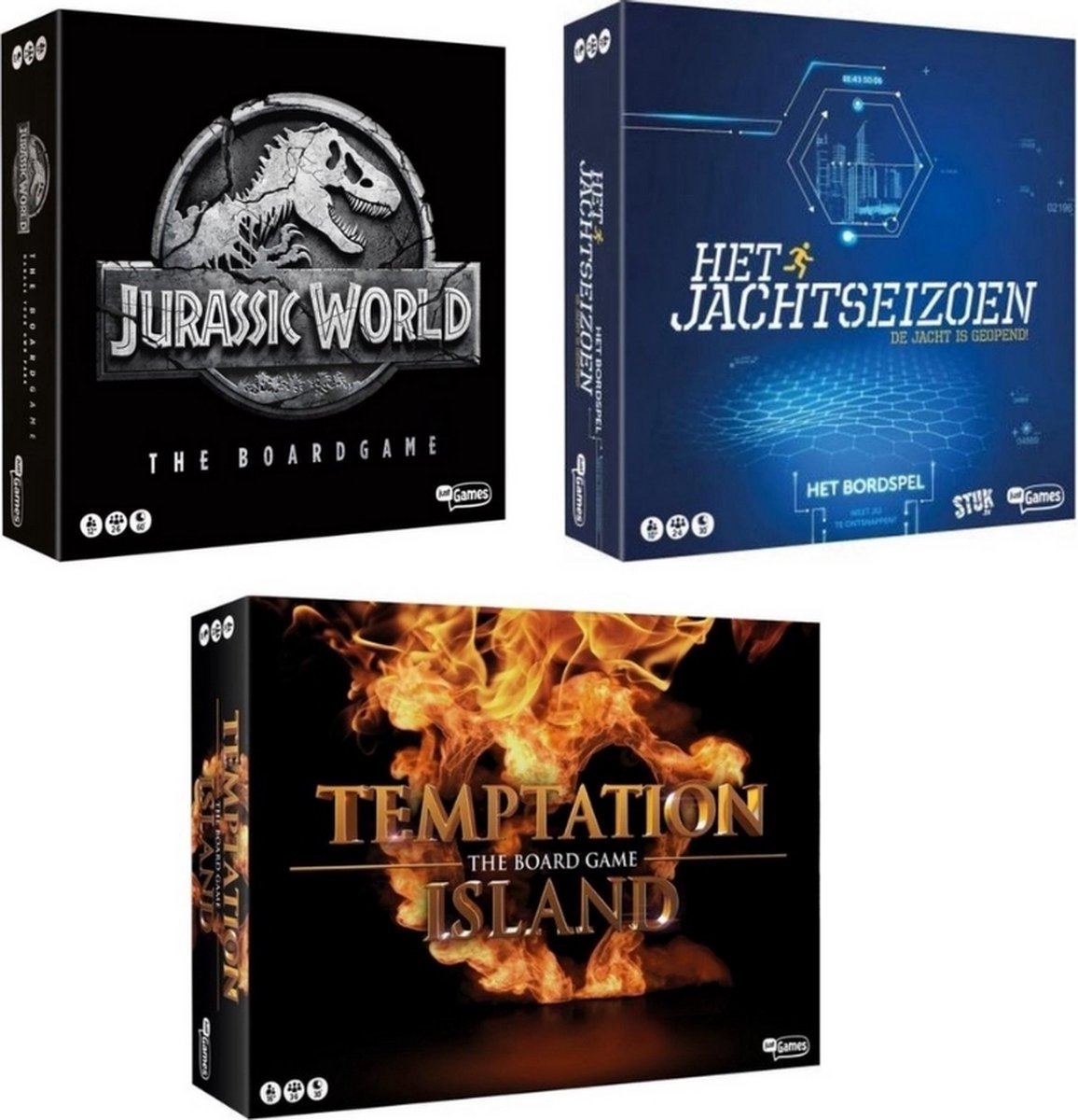 Spellenbundel - 3 Stuks - Jurassic World The Boardgame & Het Jachtseizoen & Temptation Island