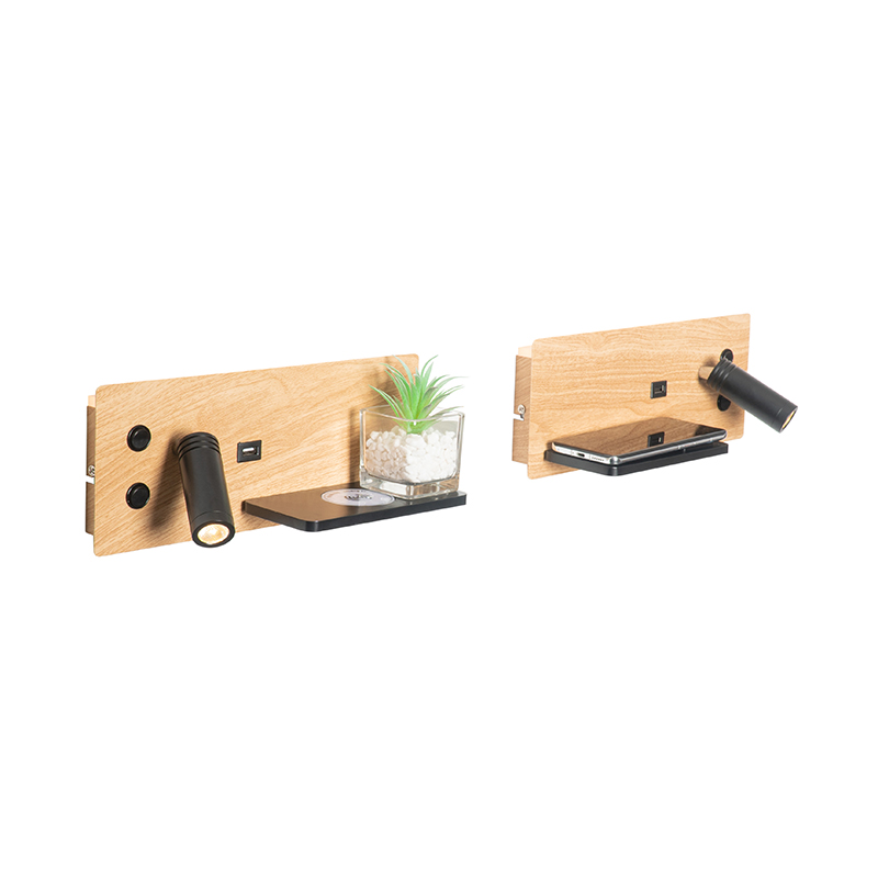 QAZQA Set van 2 wandlamp zwart met hout incl. LED met USB en inductielader - Riza