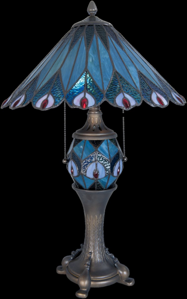 Clayre & Eef Tafellamp Tiffany ø 40x65 Cm /E27/2x60w/ E14/1x7w Ijzer, Glas - Blauw