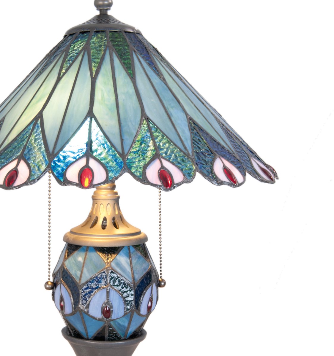 Clayre & Eef Tafellamp Tiffany ø 40x65 Cm /E27/2x60w/ E14/1x7w Ijzer, Glas - Blauw