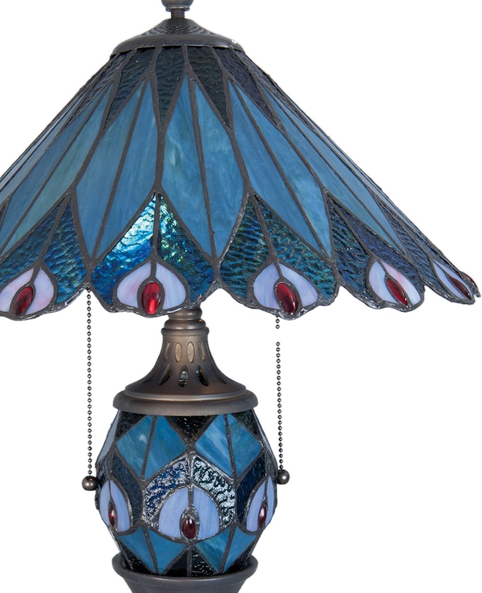 Clayre & Eef Tafellamp Tiffany ø 40x65 Cm /E27/2x60w/ E14/1x7w Ijzer, Glas - Blauw