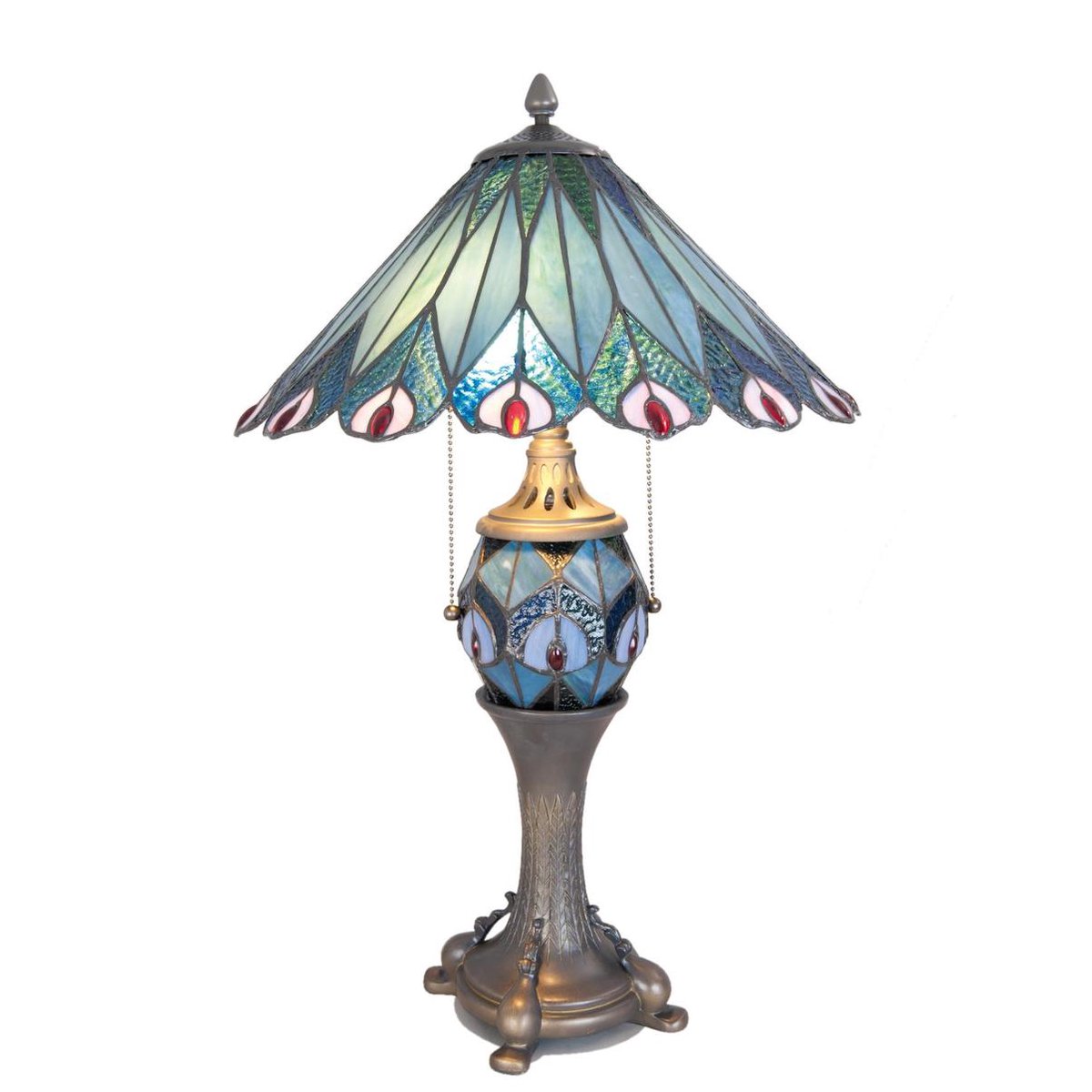 Clayre & Eef Tafellamp Tiffany ø 40x65 Cm /E27/2x60w/ E14/1x7w Ijzer, Glas - Blauw