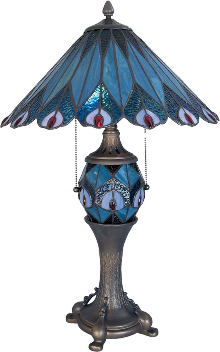 Clayre & Eef Tafellamp Tiffany ø 40x65 Cm /E27/2x60w/ E14/1x7w Ijzer, Glas - Blauw
