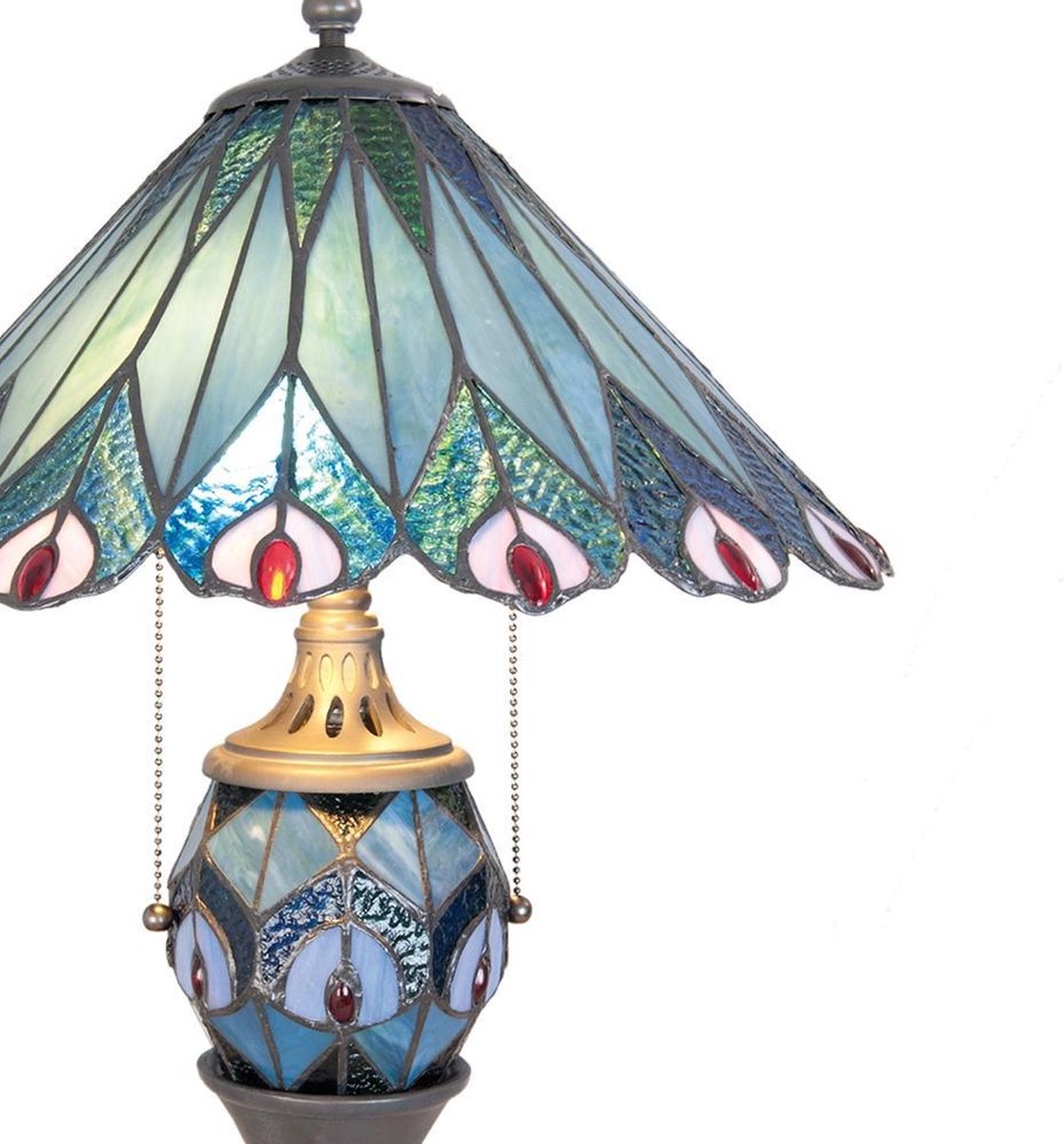Clayre & Eef Tafellamp Tiffany ø 40x65 Cm /E27/2x60w/ E14/1x7w Ijzer, Glas - Blauw