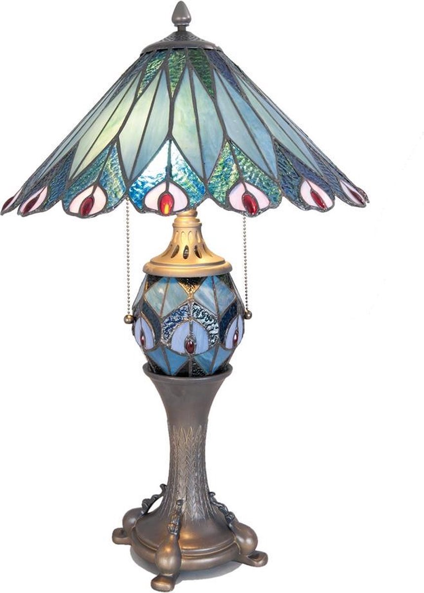 Clayre & Eef Tafellamp Tiffany ø 40x65 Cm /E27/2x60w/ E14/1x7w Ijzer, Glas - Blauw