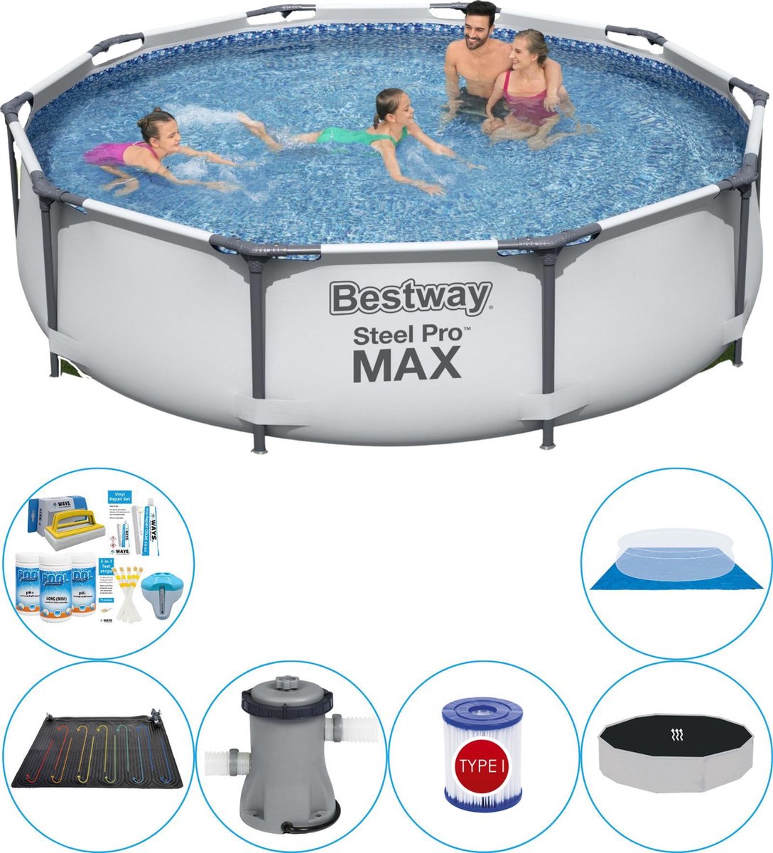 Bestway Zwembad Combinatie Deal - Steel Pro Max Rond 305x76 Cm - Grijs