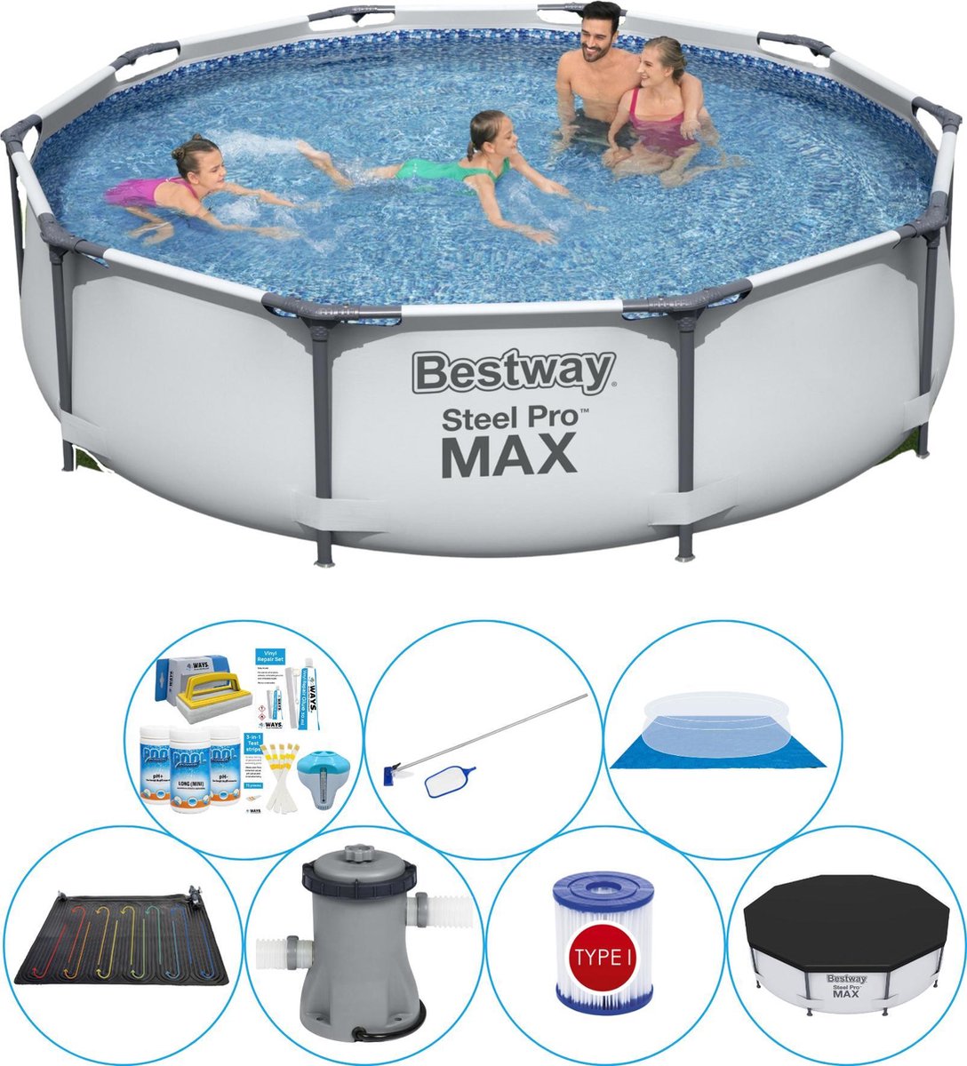 Bestway Zwembad Met Accessoires - Steel Pro Max Rond 305x76 Cm - Grijs