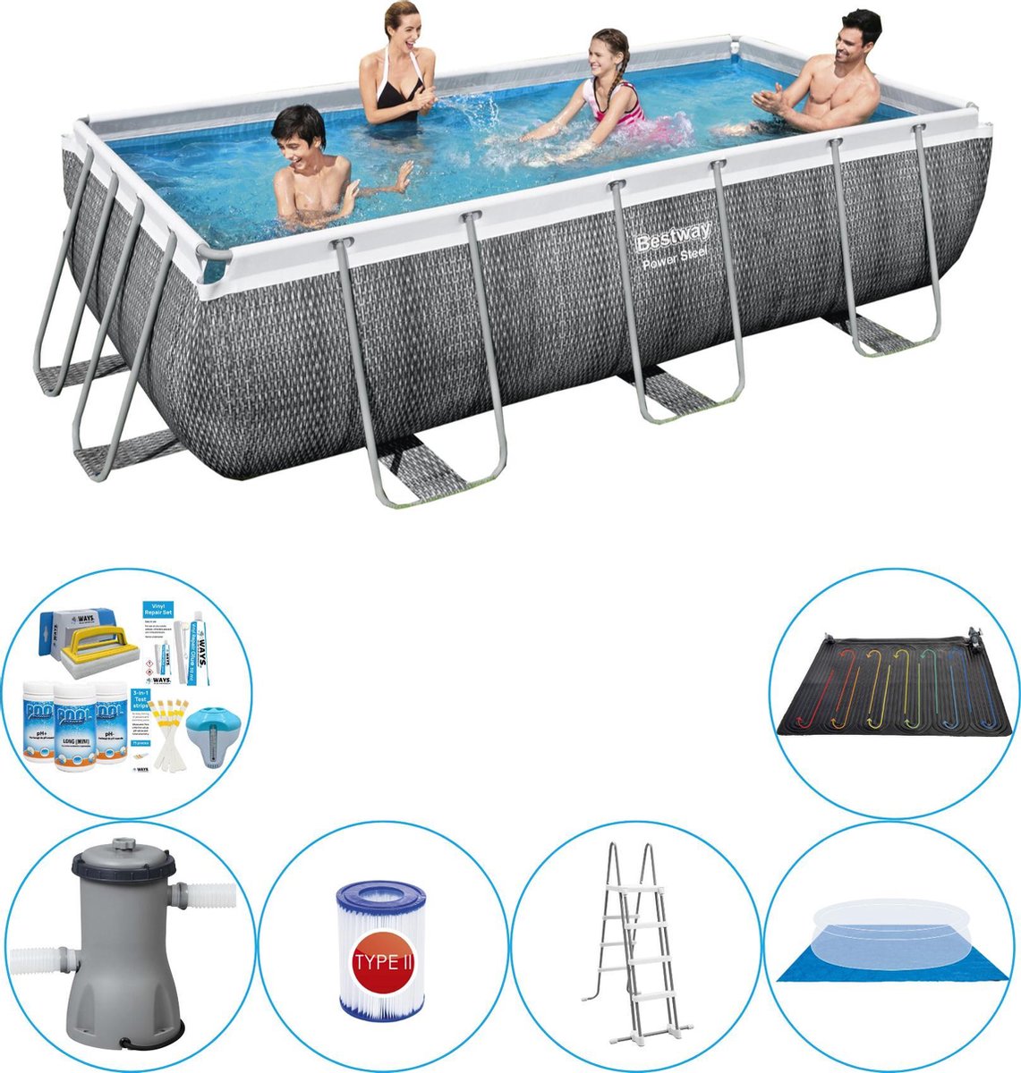 Bestway Power Steel Rechthoek Rattan 404x201x100 Cm - 7-delig - Zwembad Combinatie Set - Grijs