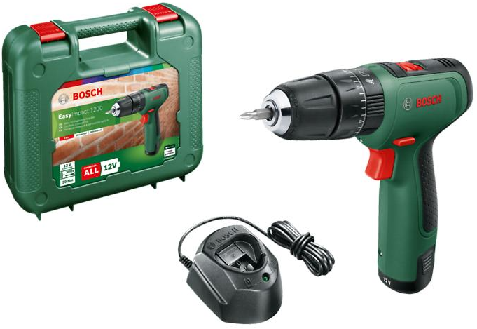 Bosch EasyImpact 1200 | Accu Klopboorschroevendraaier | 2 standen | 12V | 1,5 Ah accu + oplader | In transportkoffer