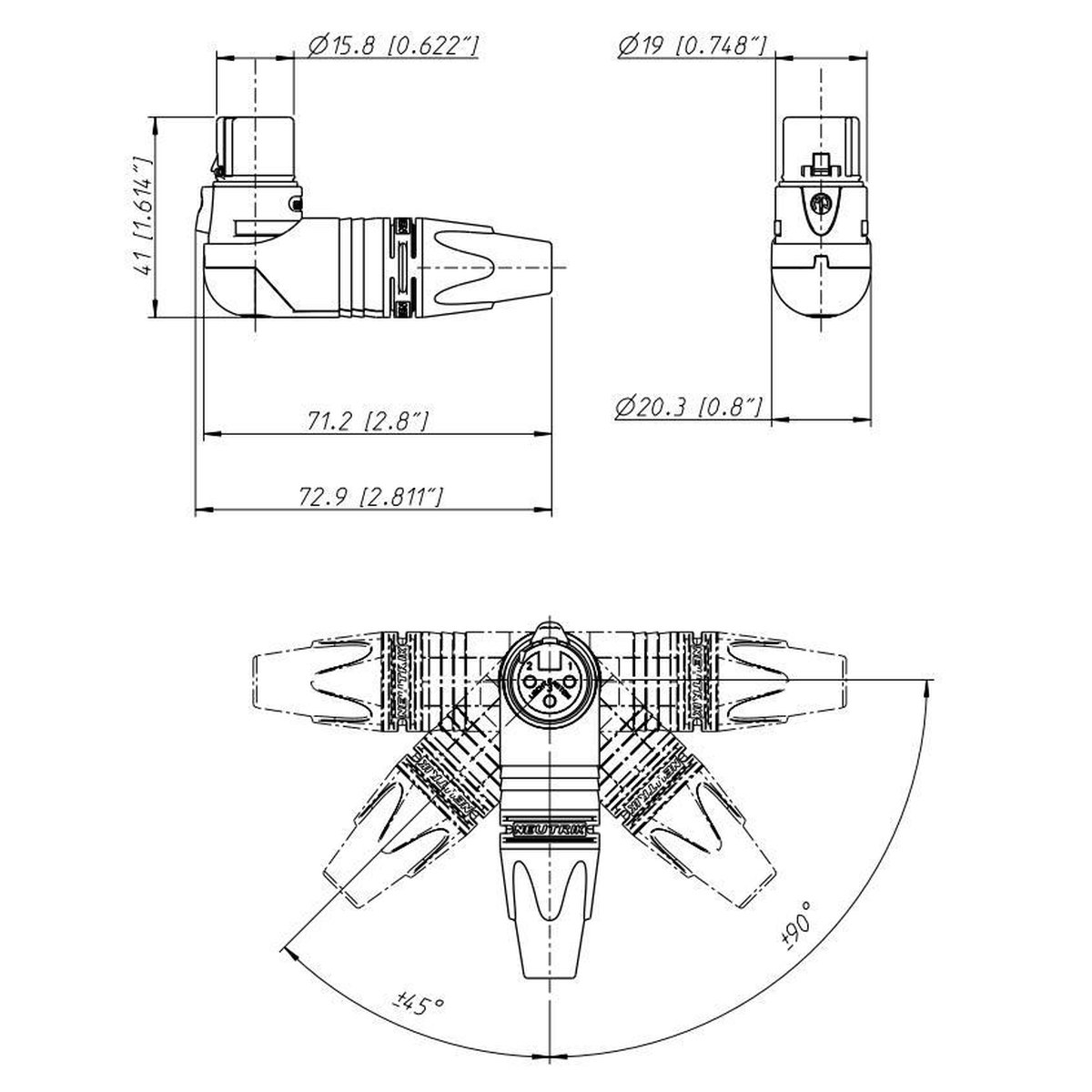 Neutrik NC3FRX 3p XLR female kabeldeel haaks, nikkelkleurig