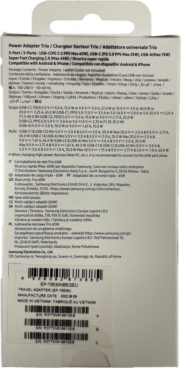 Samsung 65W Power Adapter Trio - Zwart