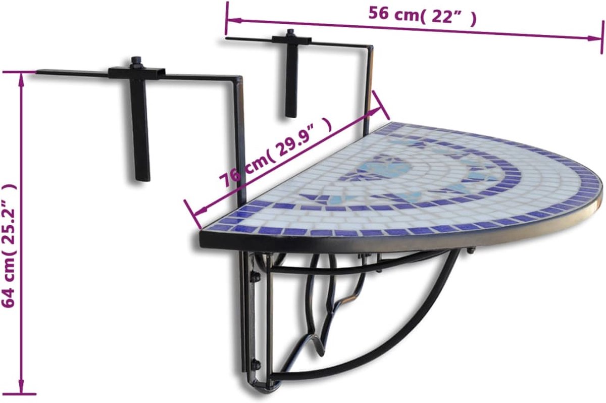 Vidaxl Balkontafel Hangend Mozaïek-wit Half-rond - Blauw