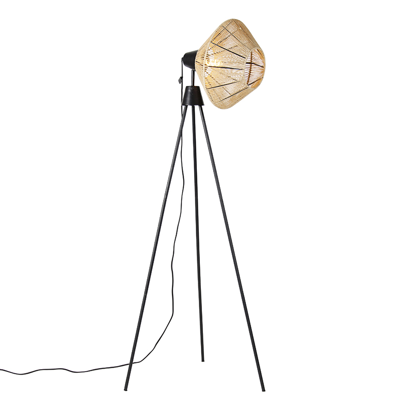 QAZQA Landelijke vloerlamp tripod met touw - Jenthe - Zwart