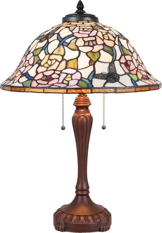 Clayre & Eef Tafellamp Tiffany ø 46x65 Cm E27 / Max. 3x60 Watt - Multi Colour - Ijzer, Glas - Roze