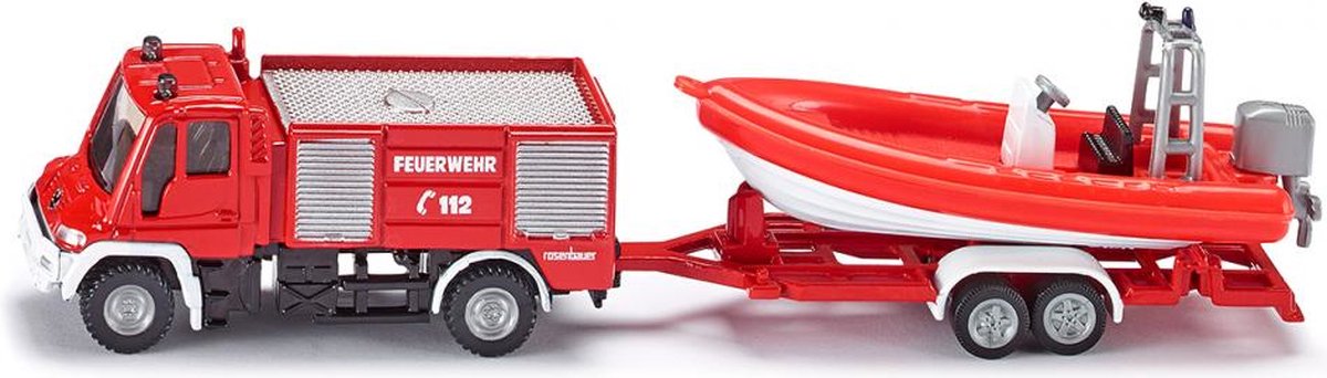 Siku Duitse Unimog brandweer met reddingsboot (1636) - Rood