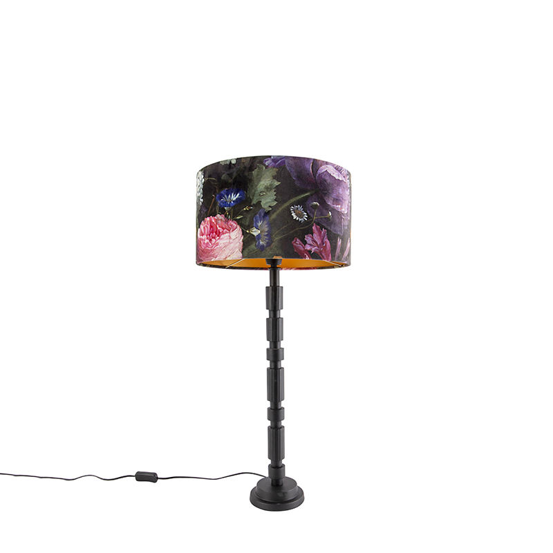 QAZQA Art deco tafellamp zwart met bloemen kap 35 cm - Torre