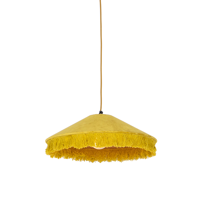 QAZQA Retro hanglamp velours met franjes - Frills - Geel