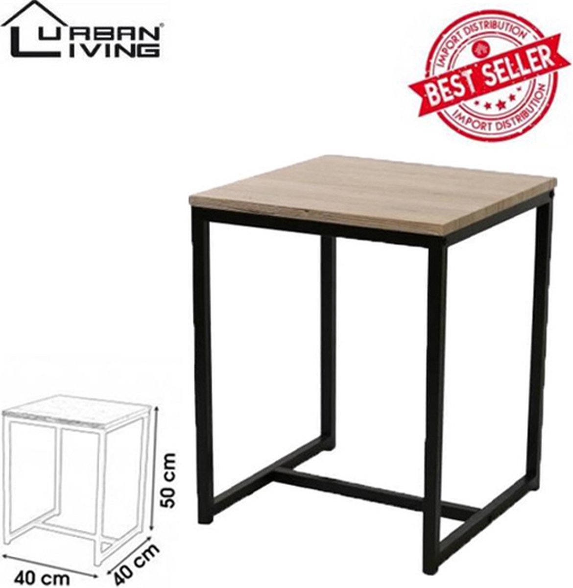 Urban Living Bijzettafel - Side Table - Industrieel Design - Houte Blad - 40 X 40 X 50 Cm - Zwart