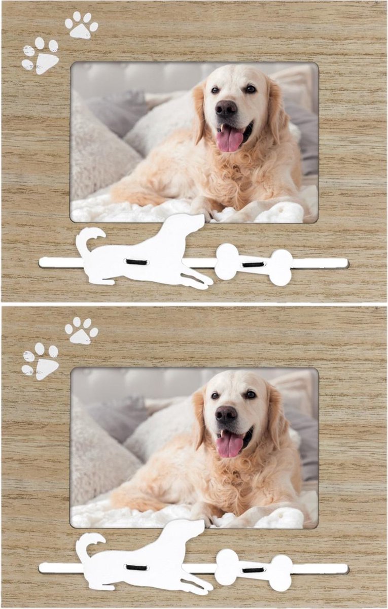 2x Stuks Houten Fotolijstje Met Honden Decoratie Geschikt Voor Een Foto Van 10 X 15 Cm - Fotolijsten - Bruin