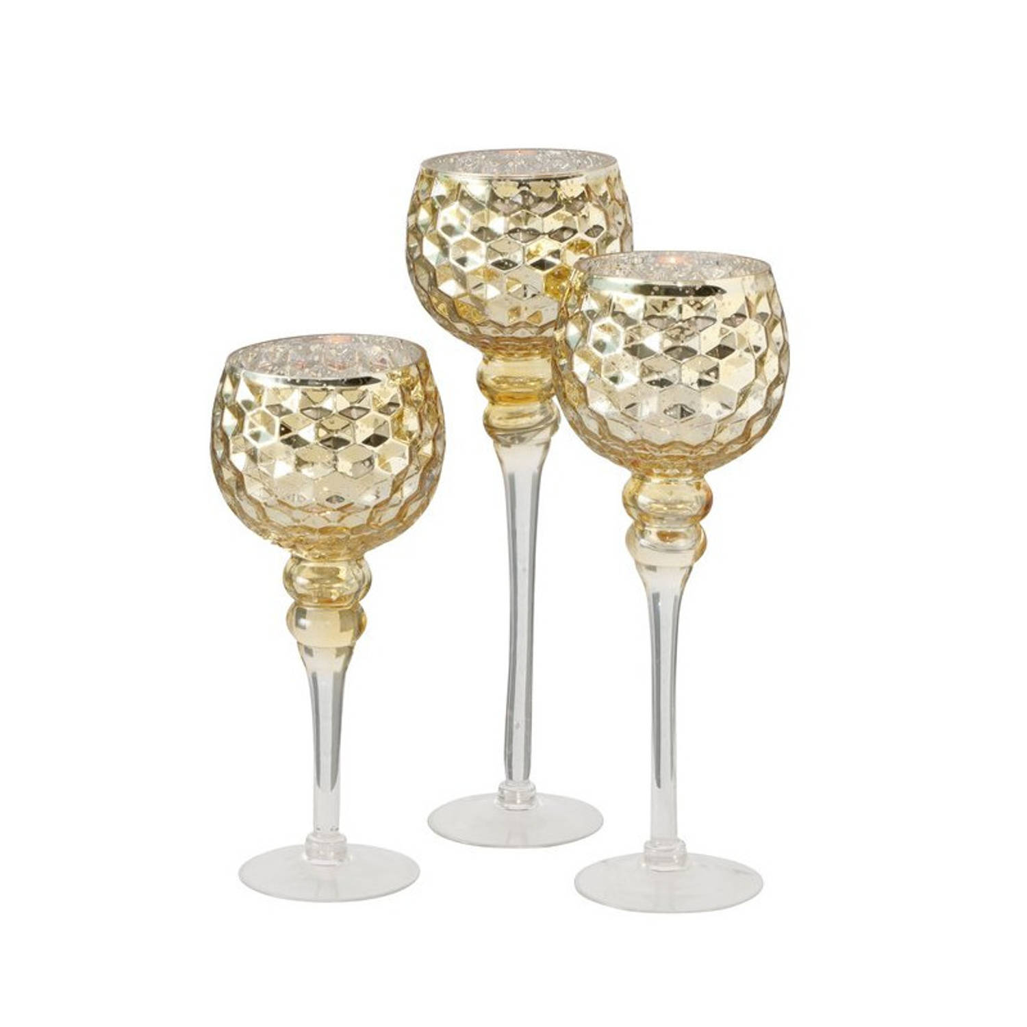 Luxe Glazen Design Kaarsenhouders/windlichten Set Van 3x Stuks Champagne/ Transparant 30-40 Cm - Windlichten - Goud