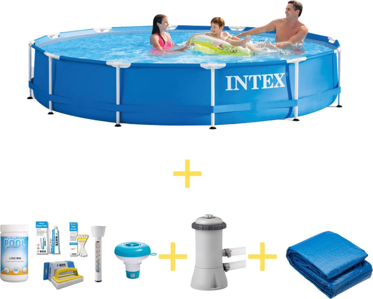 Intex Zwembad - Metal Frame - 366 X 76 Cm - Ways Onderhoudspakket, Filterpomp & Grondzeil - Blauw