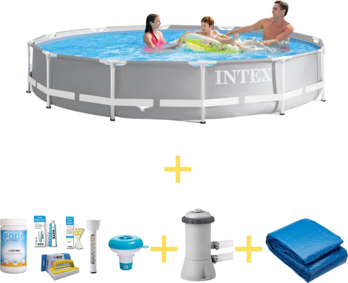 Intex Zwembad - Prism Frame - 366 X 76 Cm - Inclusief Ways Onderhoudspakket, Filterpomp & Grondzeil - Grijs