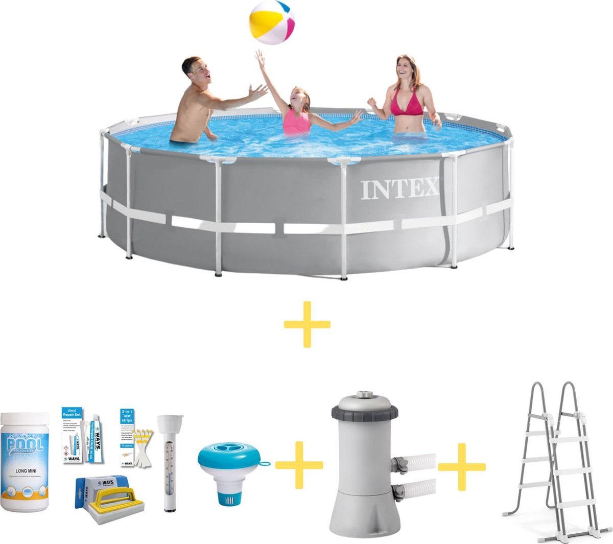 Intex Zwembad - Prism Frame - 366 X 99 Cm - Inclusief Ways Onderhoudspakket, Filterpomp & Safety Ladder - Grijs