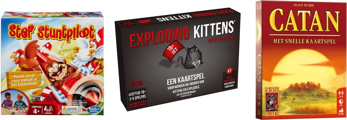 999Games Spellenbundel - Kaartspel - 3 Stuks - Exploding Kittens Nsfw (18+) & Catan: Het Snelle Kaartspel & Stef Stuntpiloot