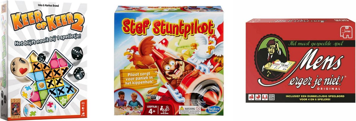 999Games Spellenset - 3 Stuks - Keer Op Keer 2 & Mens Erger Je Niet & Stef Stuntpiloot