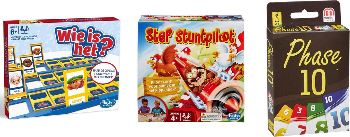 Hasbro Spellenbundel - Bordspel - 3 Stuks - Wie Is Het? & Phase 10 & Stef Stuntpiloot