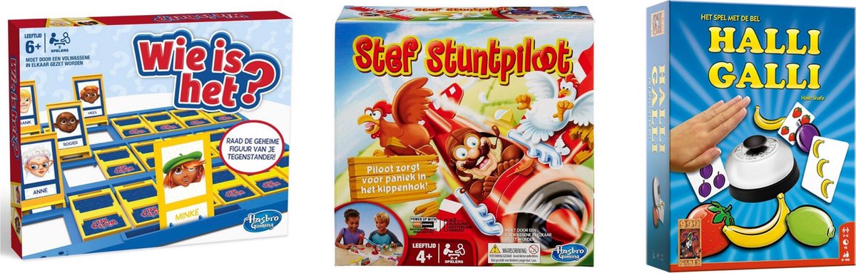 Hasbro Spellenbundel - Bordspel - 3 Stuks - Wie Is Het? & Halli Galli & Stef Stuntpiloot