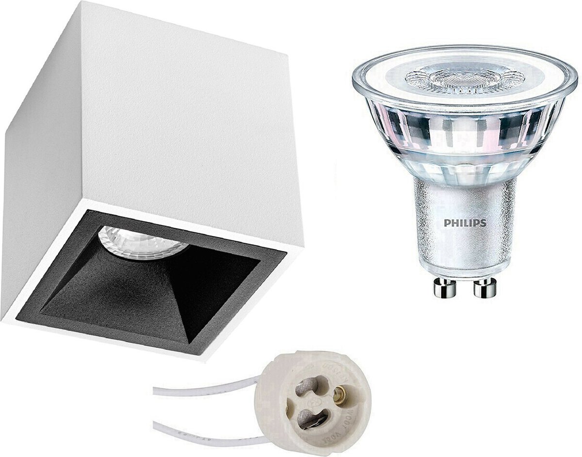 BES LED Opbouwspot Set - Pragmi Cliron Pro - Gu10 Fitting - Opbouw Vierkant - Mat Wit/ - Verdiept - 90mm - Philips - - Zwart